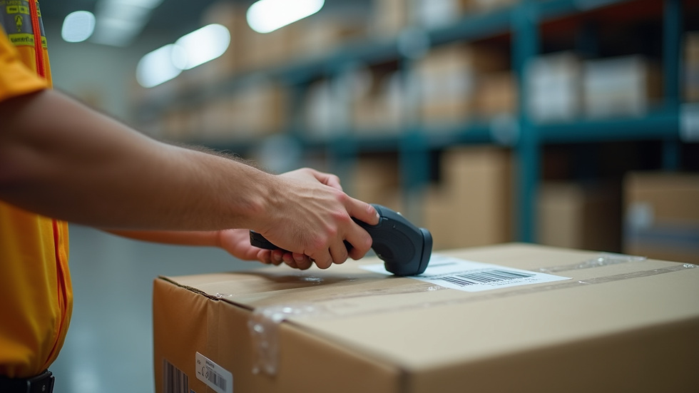 Close-up view of a courier scanning a package barcode