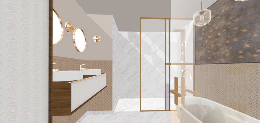 Image 3d salle de bains marbre laiton noyer