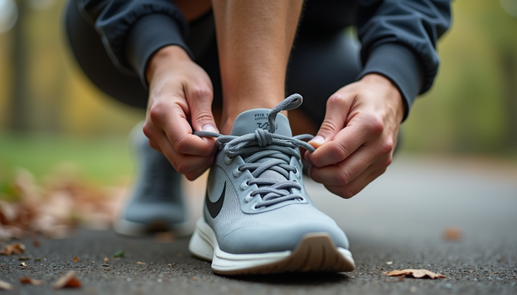 Close-up view of a person tying a supportive athletic shoe on their foot