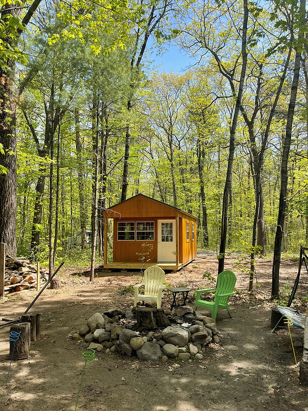 Small wooden cabin in a sunny forest with fire pit and chairs.