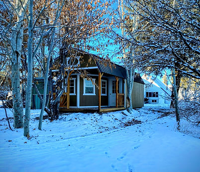 Small cabin with porch in snowy winter landscape among bare trees.