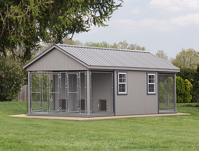 Grey modular outdoor Dog Kennels structure with multiple individual runs.