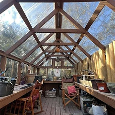 Sunlit rustic wooden Greenhouses interior with plants on potting benches.