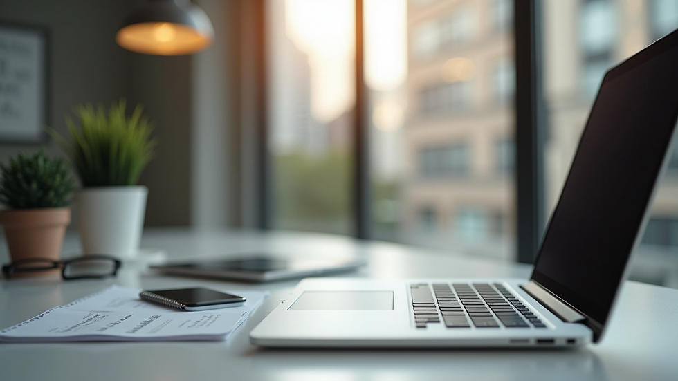 Close-up view of a modern workspace with a laptop and marketing tools