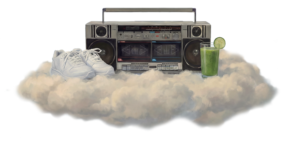 Illustrative Retro-Boombox im Gemäldestil auf einer Wolke mit weißen Sneakern und einem grünen Smoothie im Glas.