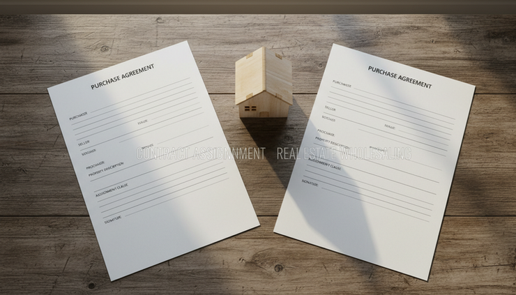Overhead view of two separate paper agreements beside a small model house.