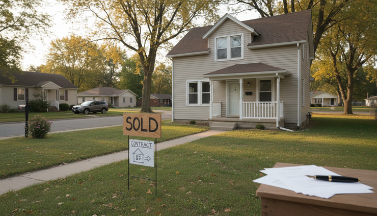 Wide-angle view of a vacant residential house with a sold sign near the front walkway