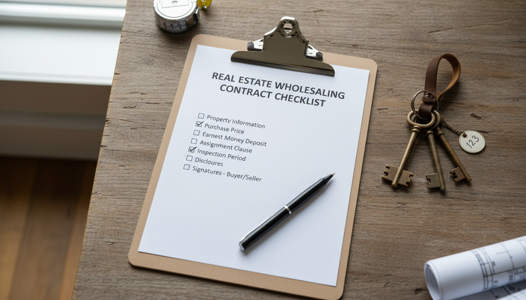 Overhead view of a clipboard with a contract checklist beside house keys on a wooden table