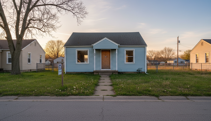 Wide-angle view of a vacant residential house with a for sale sign near the walkway.