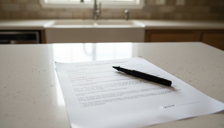 Close-up view of a residential purchase agreement on a kitchen counter with a pen beside it