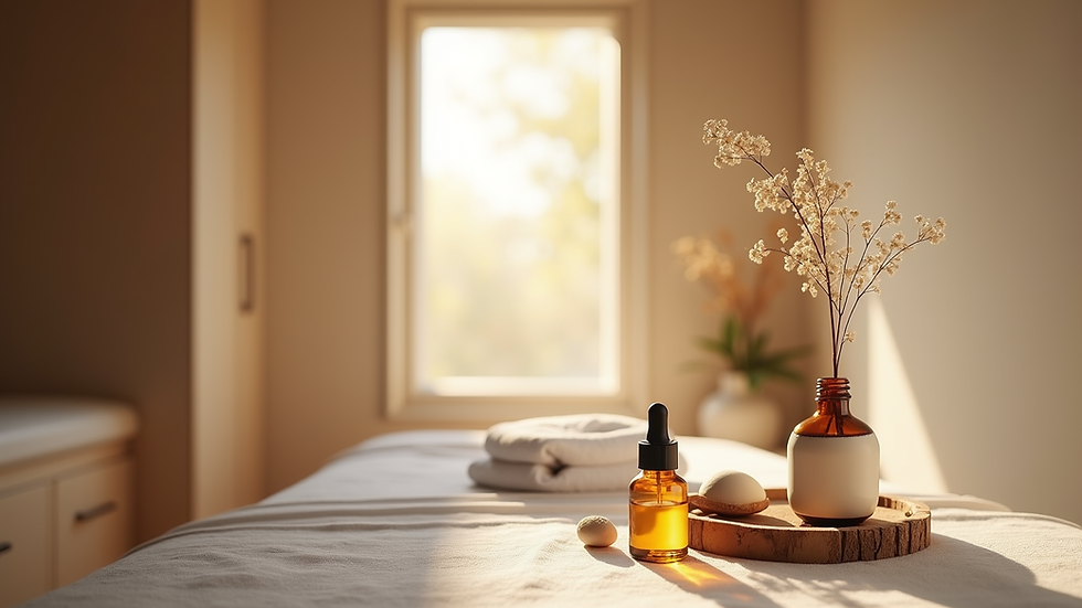 Vue rapprochée d’une salle de soins holistiques avec des huiles essentielles