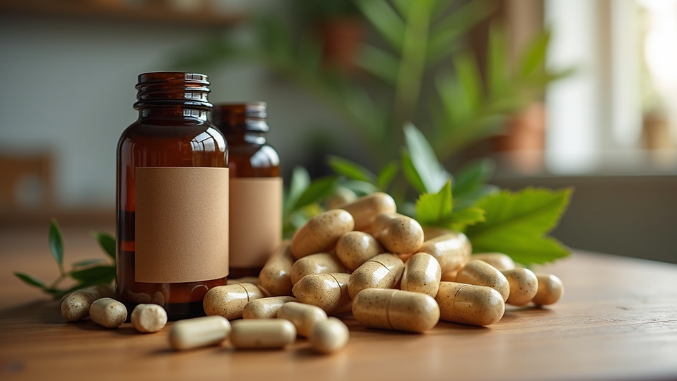 Close-up view of herbal remedies and natural supplements on a wooden table