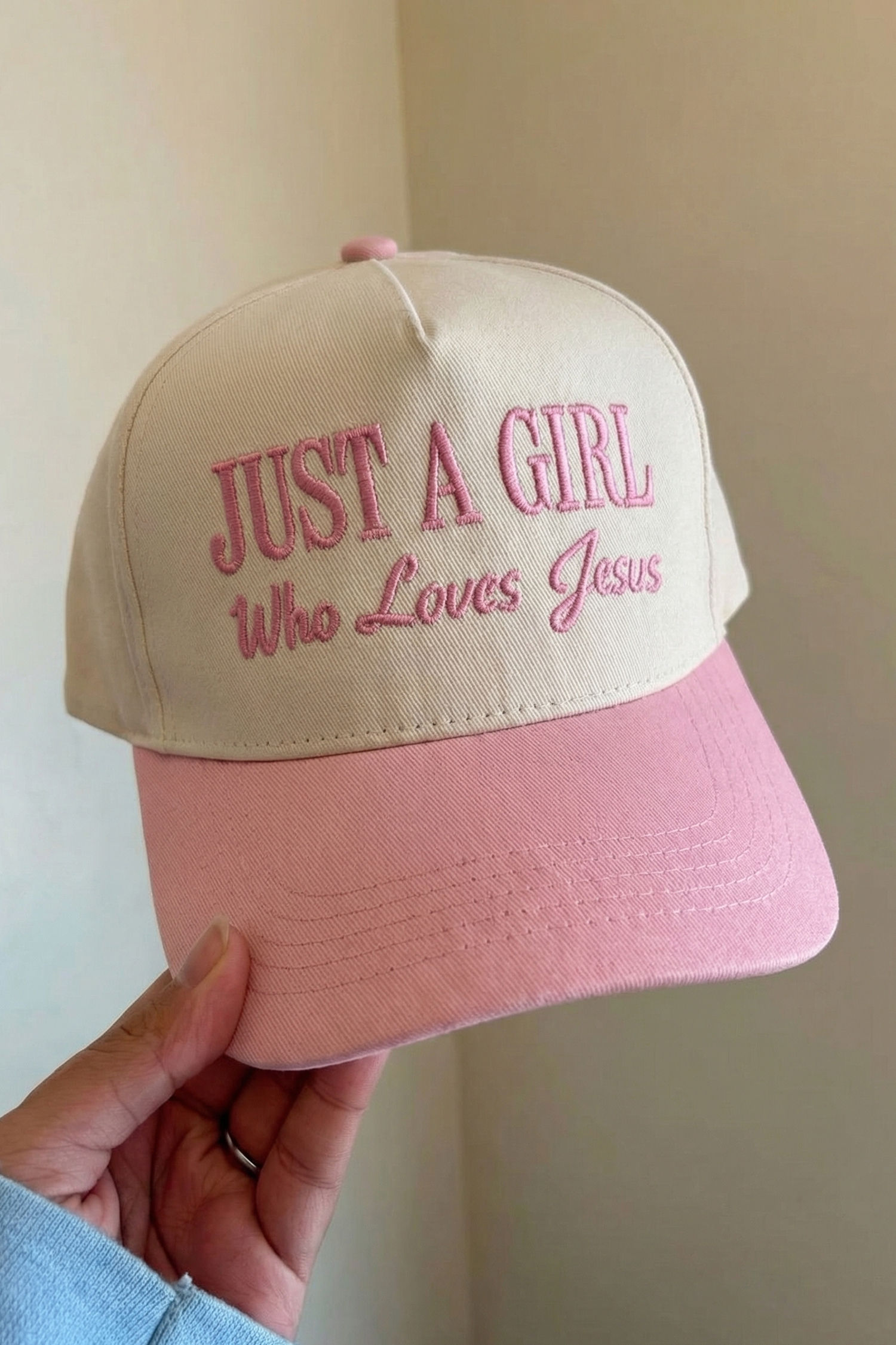 Pink Just A Girl Who Loves Jesus Embroidered Baseball Cap