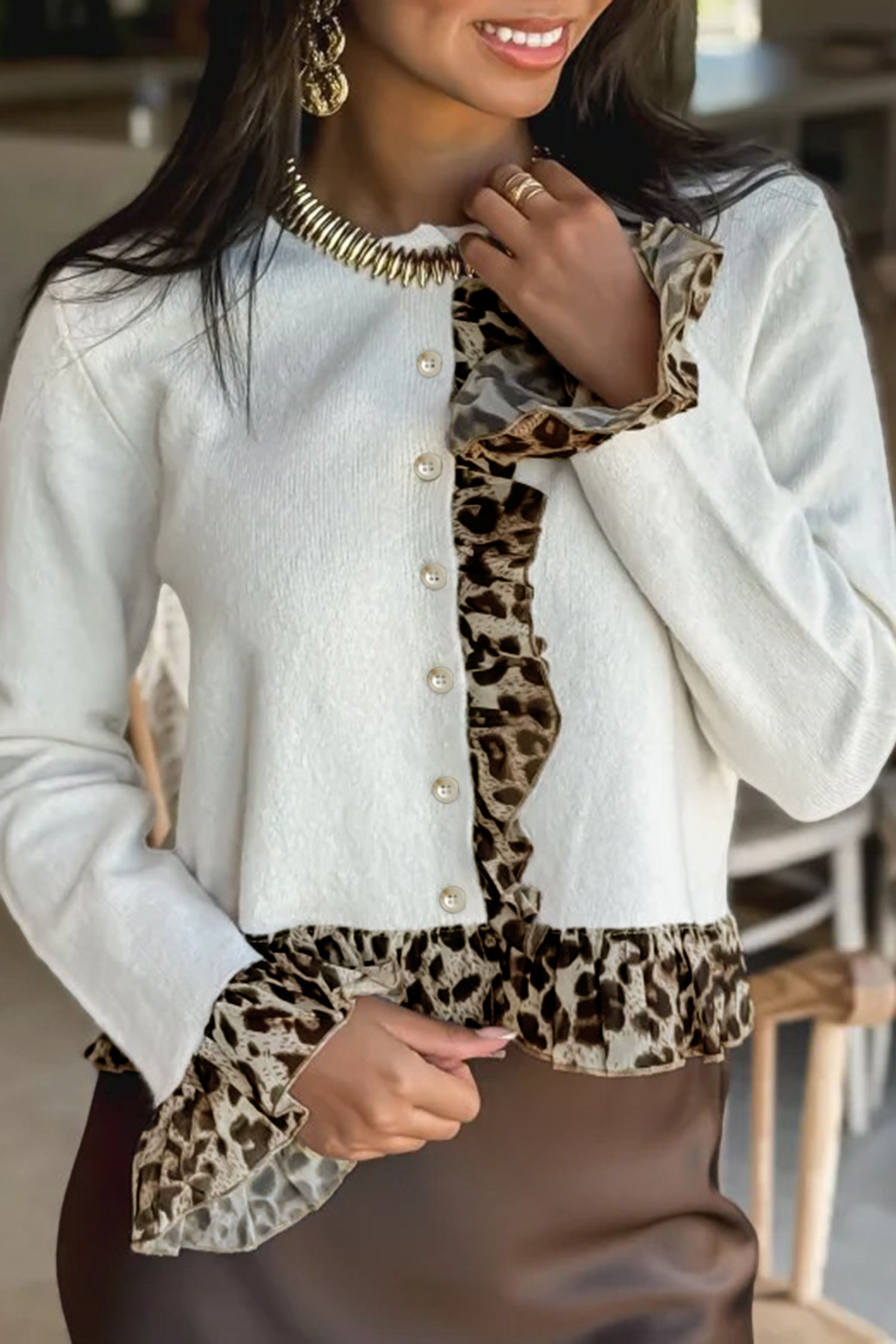 White Knitted Leopard Ruffle Patchwork Button Down Cardigan