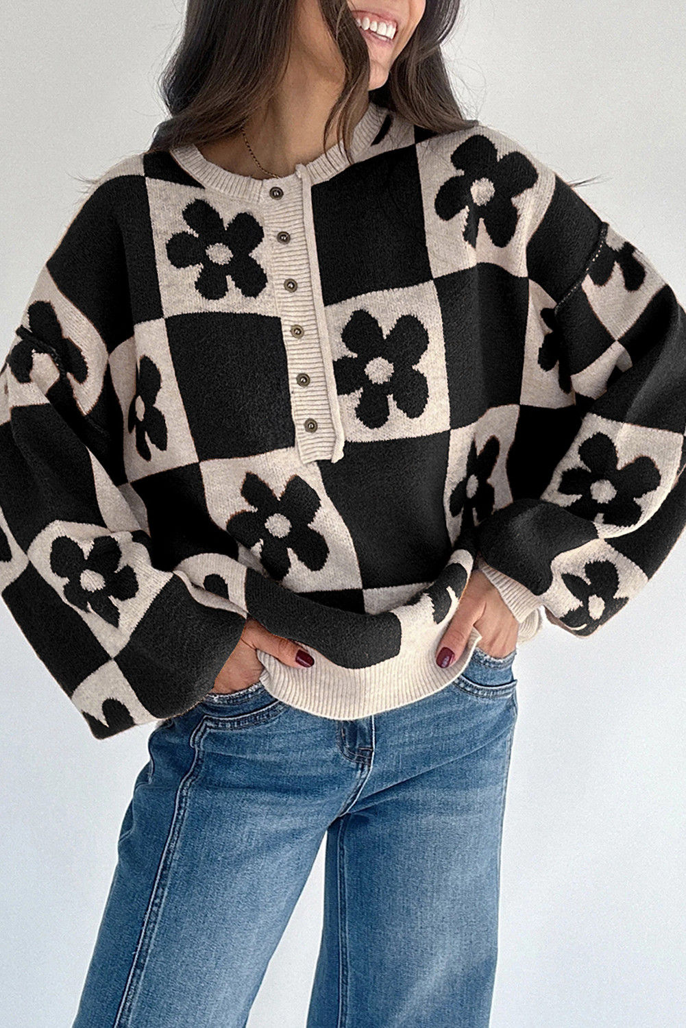 Black Dahlia Flower Colorblock Checkered Henley Sweater
