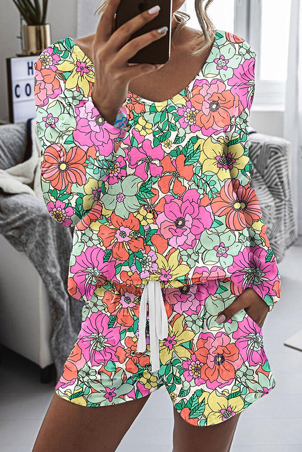 Multicolor Flower Long Sleeve Top &amp;amp; Drawstring Shorts Loungewear
