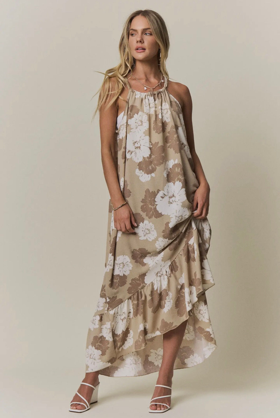Brown floral flowy halter ruffle hem maxi dress 