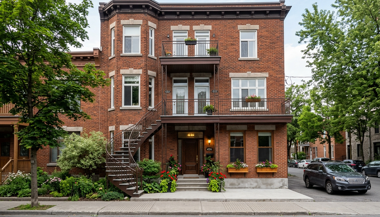 Wide-angle view of a well-kept Montreal triplex on a quiet residential street