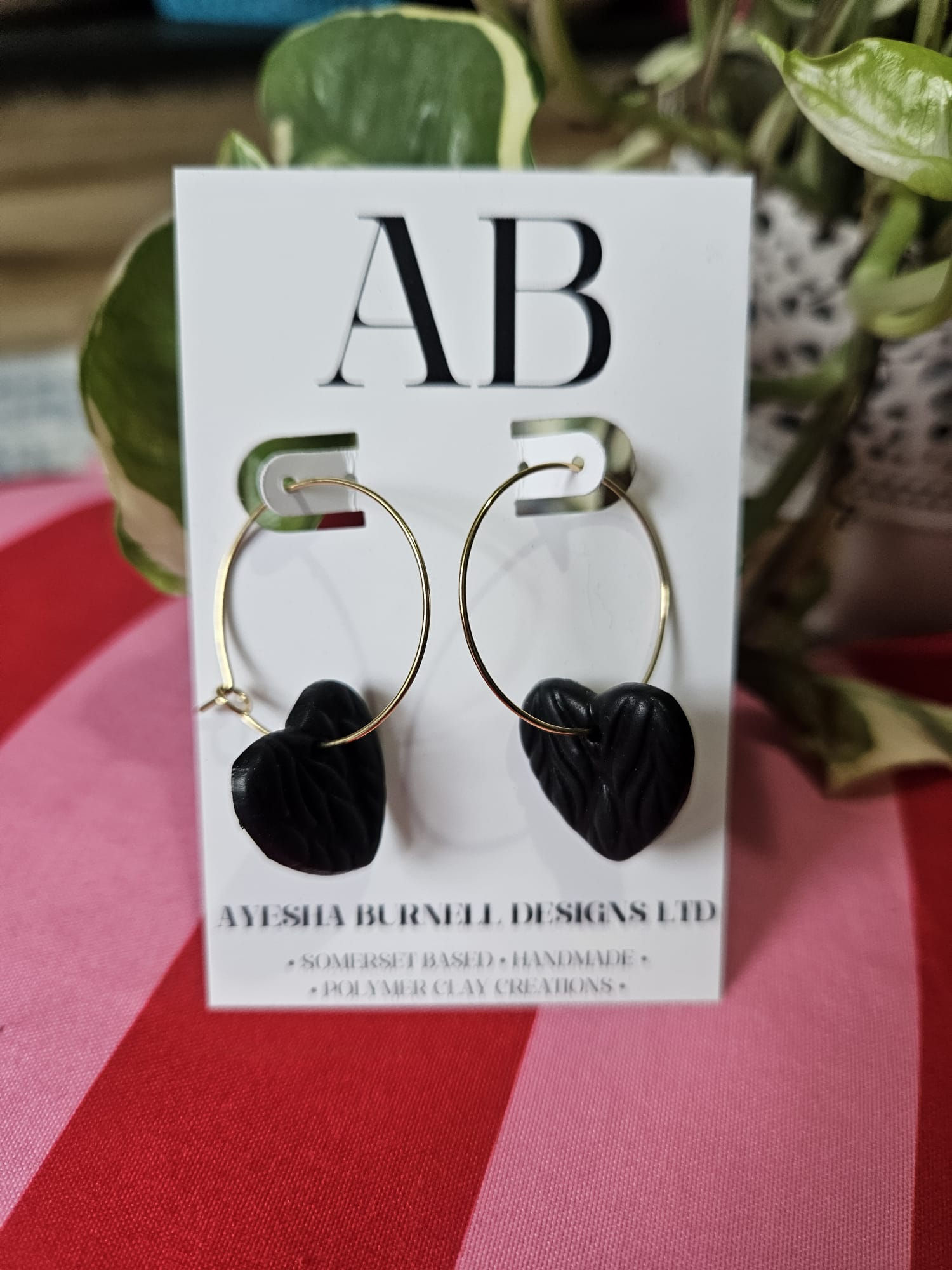 Black Textured Mini Heart Hoop Dangles - Gold