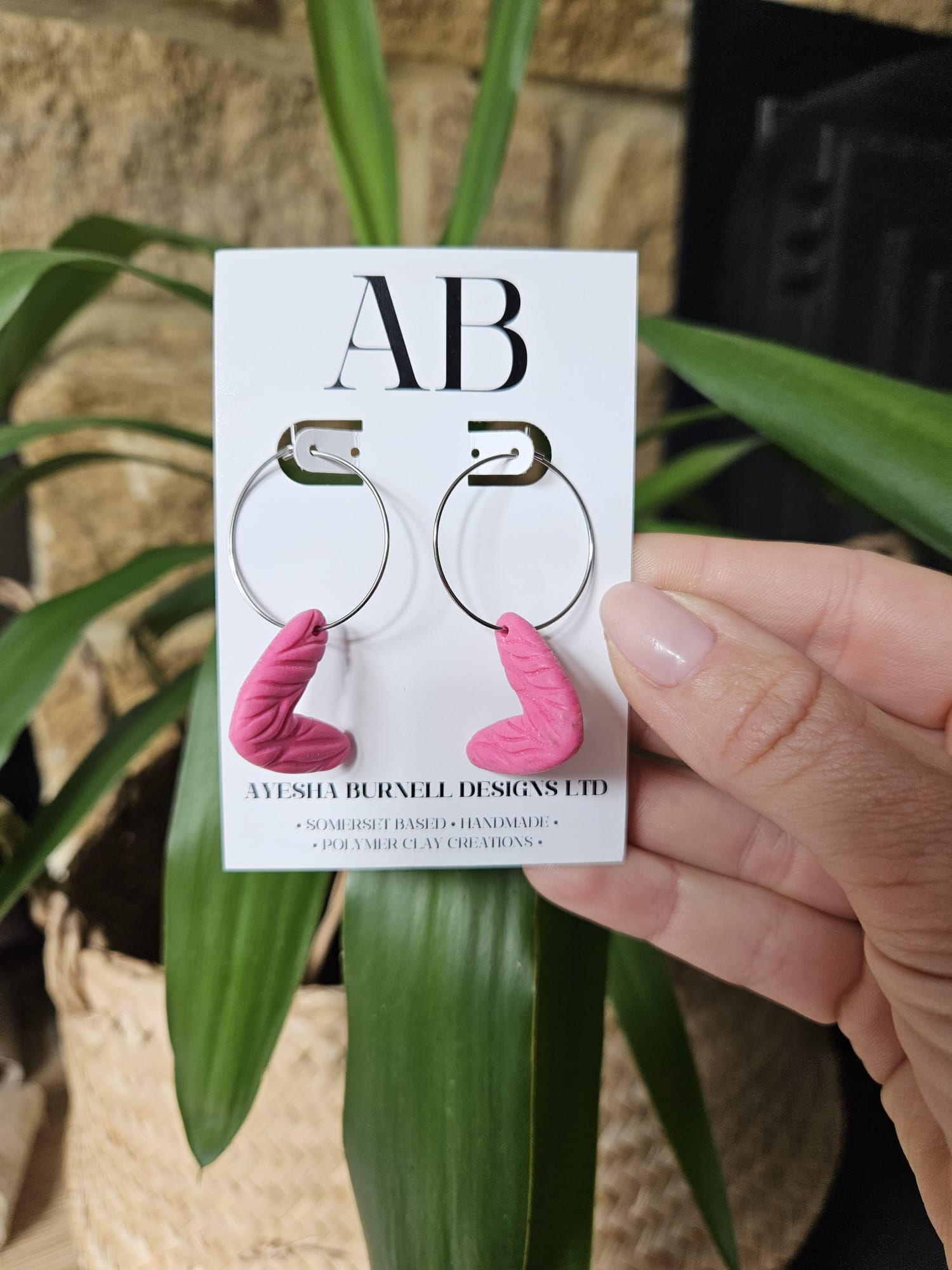 Pink Leaf Textured Open Heart Dangle Hoops -  Silver