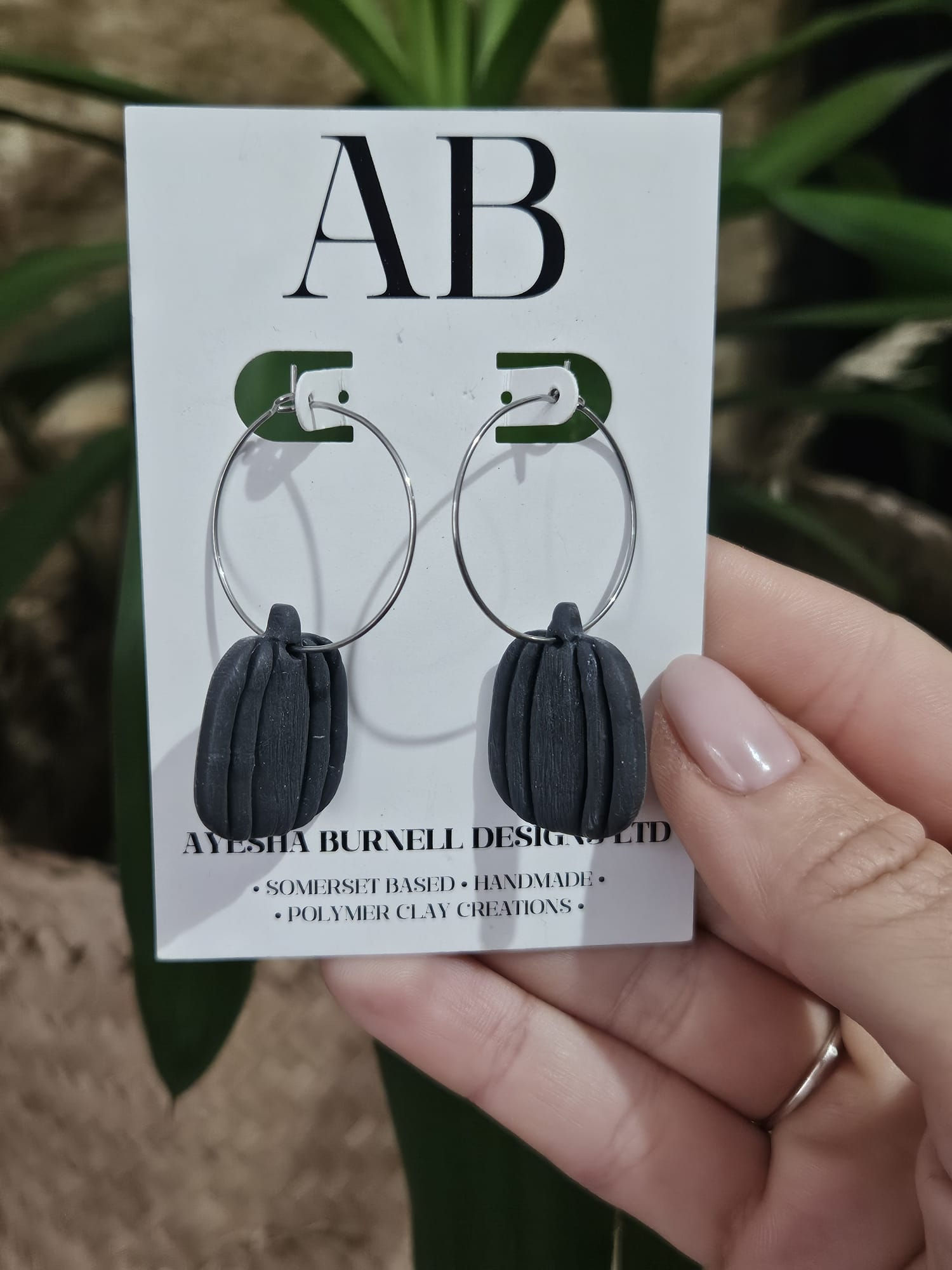 Long Dark Grey Pumpkin Hoop Dangles - Silver