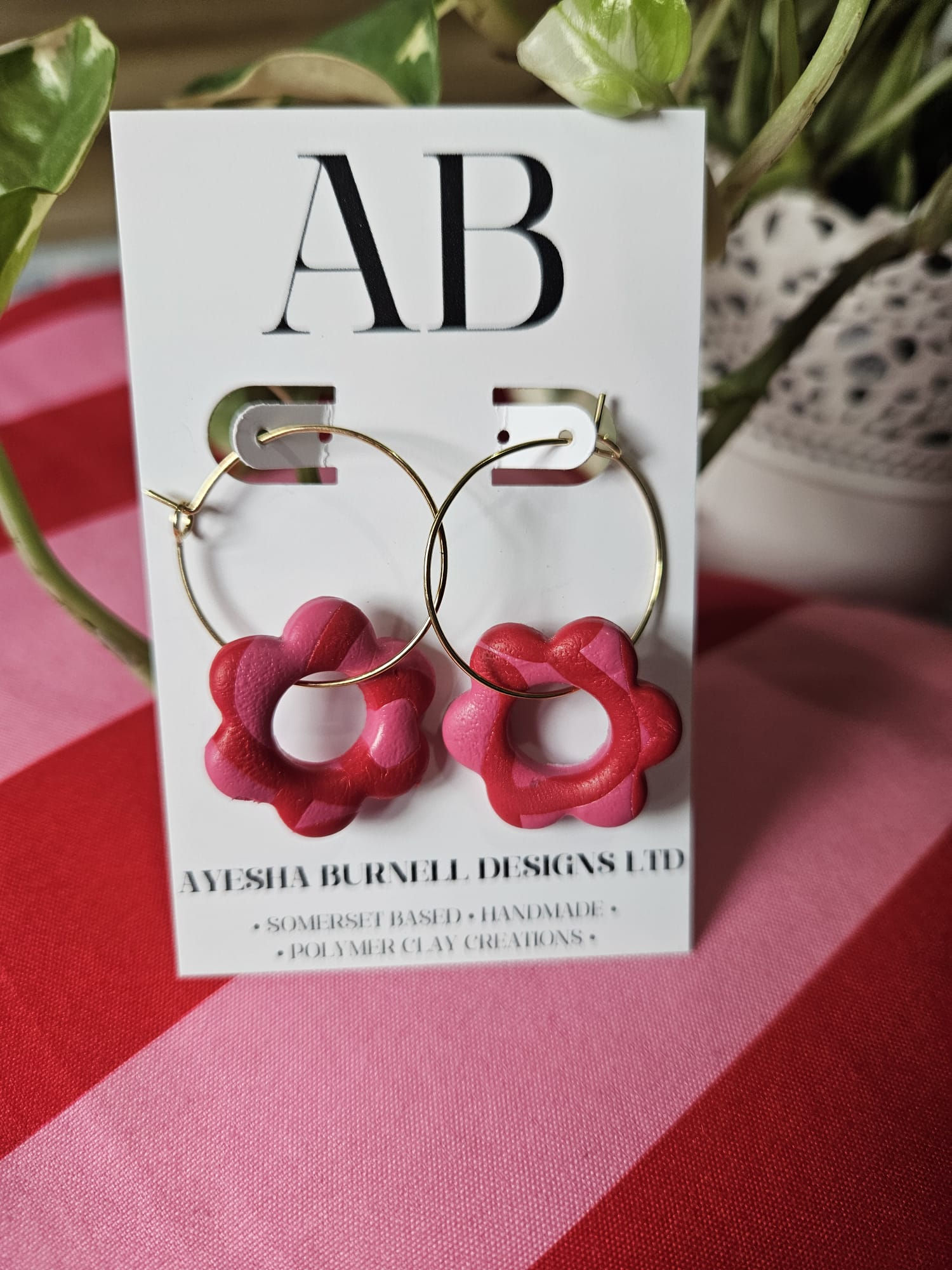 Pink and Red Large Flower Hoops - Gold