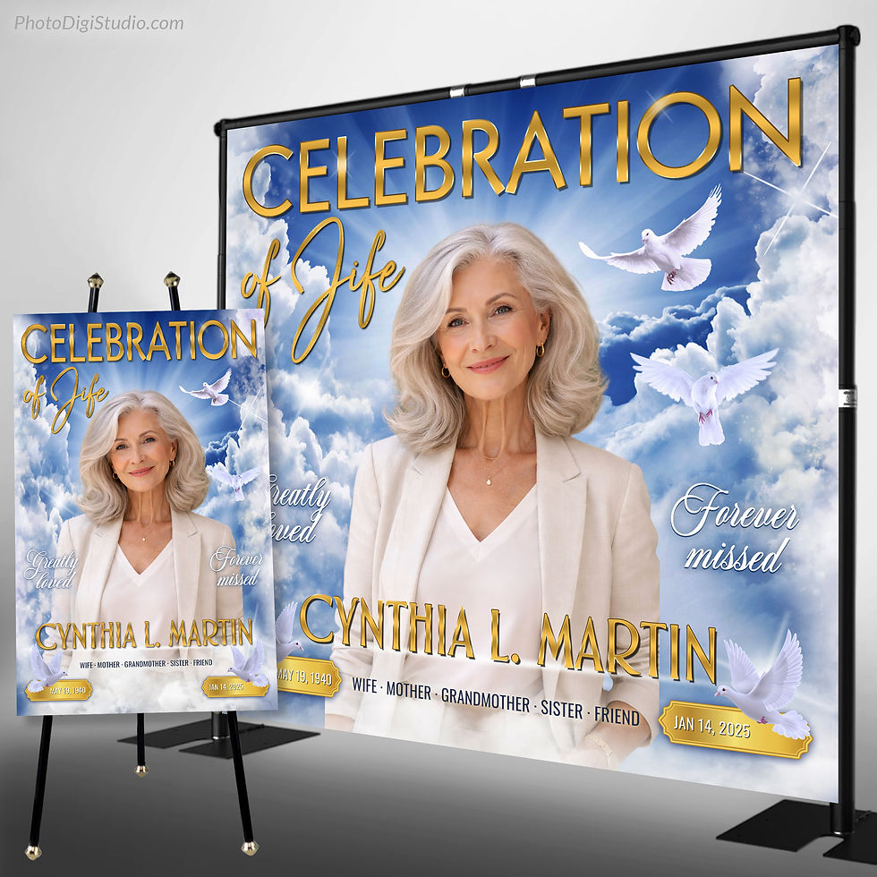 Custom memorial backdrop featuring personalized photo with heavenly sky and dove celebration of life banner