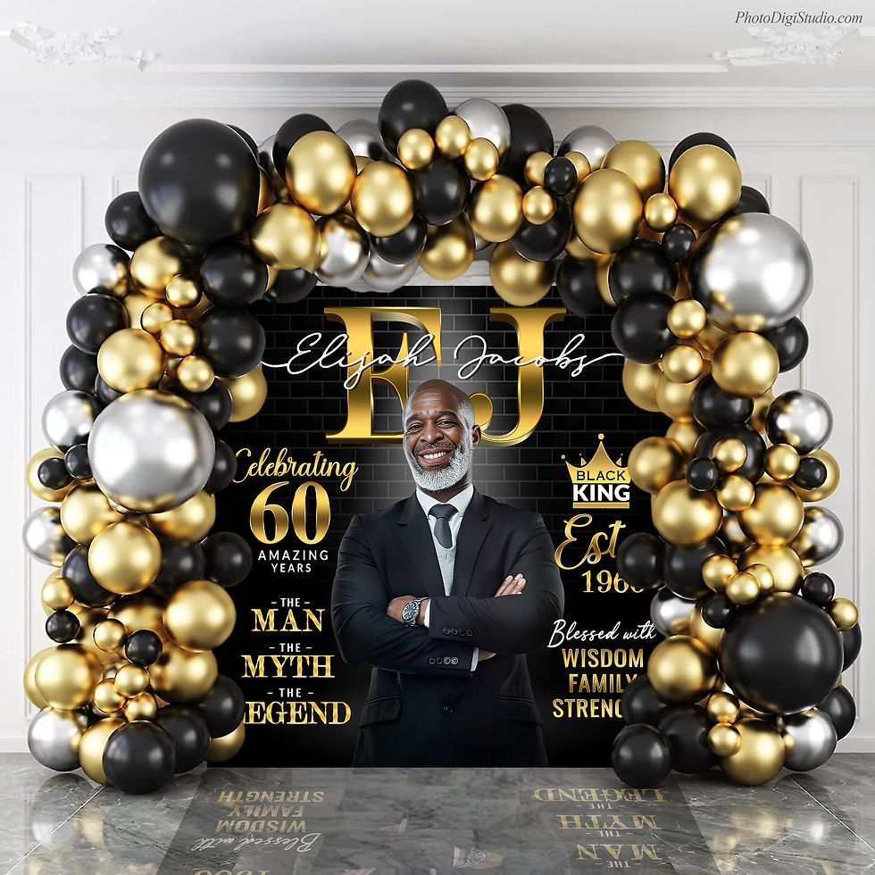 Custom black and gold birthday banner featuring an elegant balloon arch backdrop and a personalized magazine-style design with a man in a suit, celebrating 60 amazing years. PhotoDigiStudio