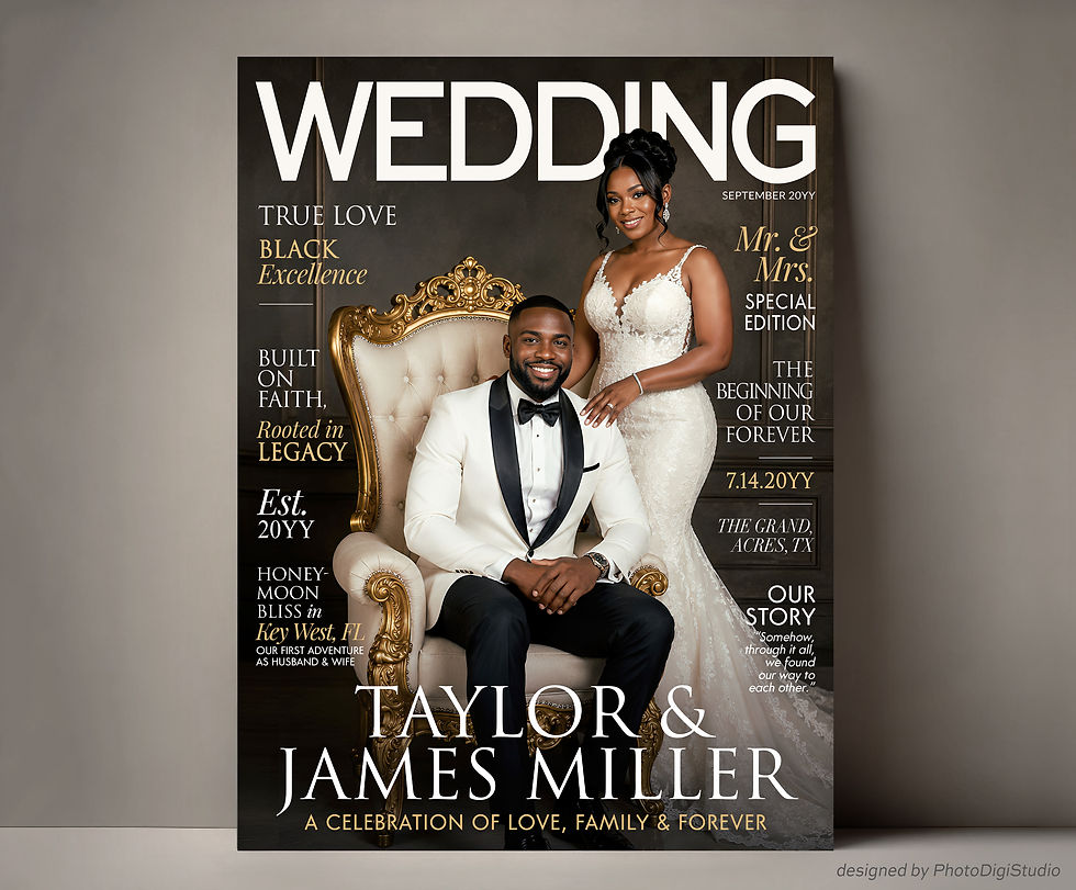 Custom wedding magazine cover personalized with couple photo, elegant wedding portrait gift and anniversary keepsake