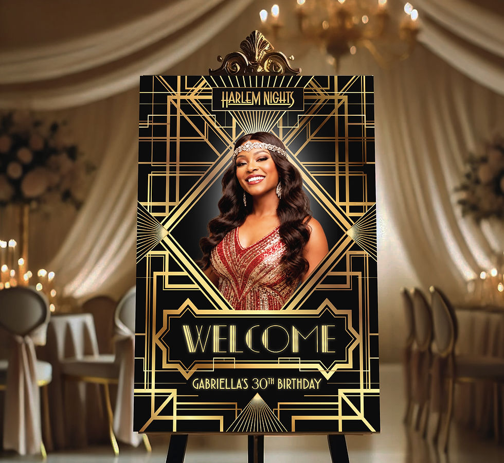 Thumbnail: Luxury Harlem Nights birthday welcome sign displayed at elegant Roaring 20s celebration entrance