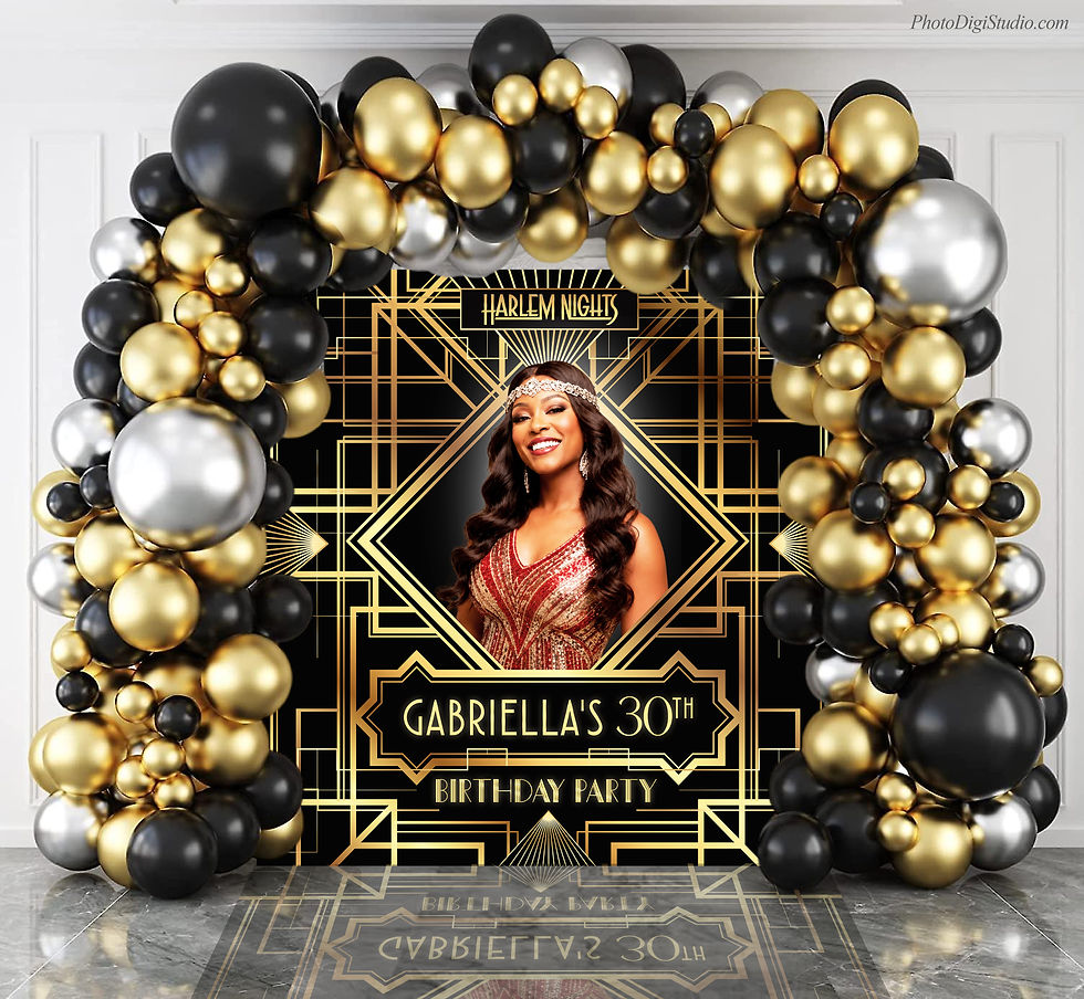 Thumbnail: Custom Great Gatsby backdrop displayed with black gold balloon arch for glamorous party decor