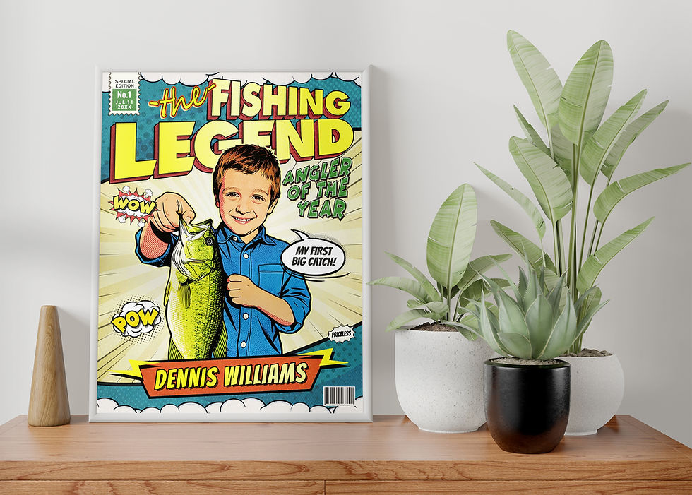 Thumbnail: Personalized fishing comic book cover displayed as fisherman wall art and cabin decor