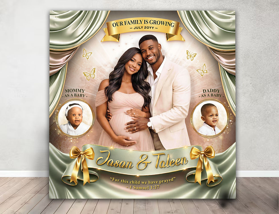 Thumbnail: Personalized baby shower vinyl banner featuring elegant draped fabric and gold accents