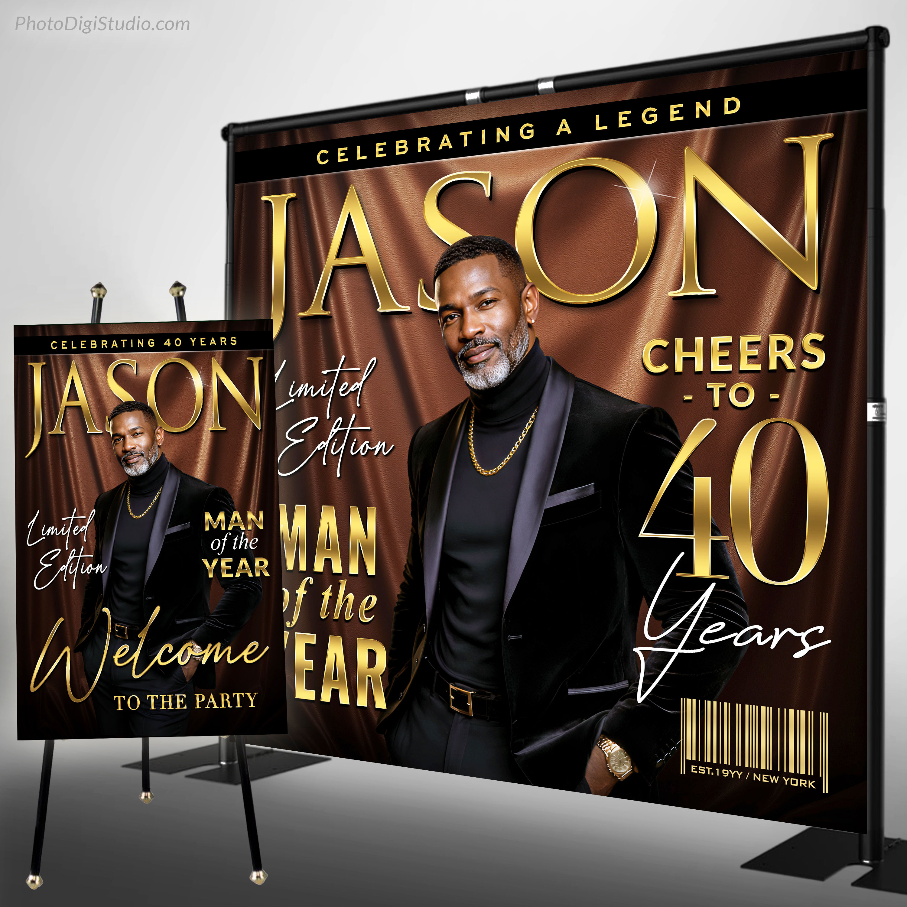 Custom Magazine Backdrop with Photo, Man of the Year Banner &  Welcome Sign