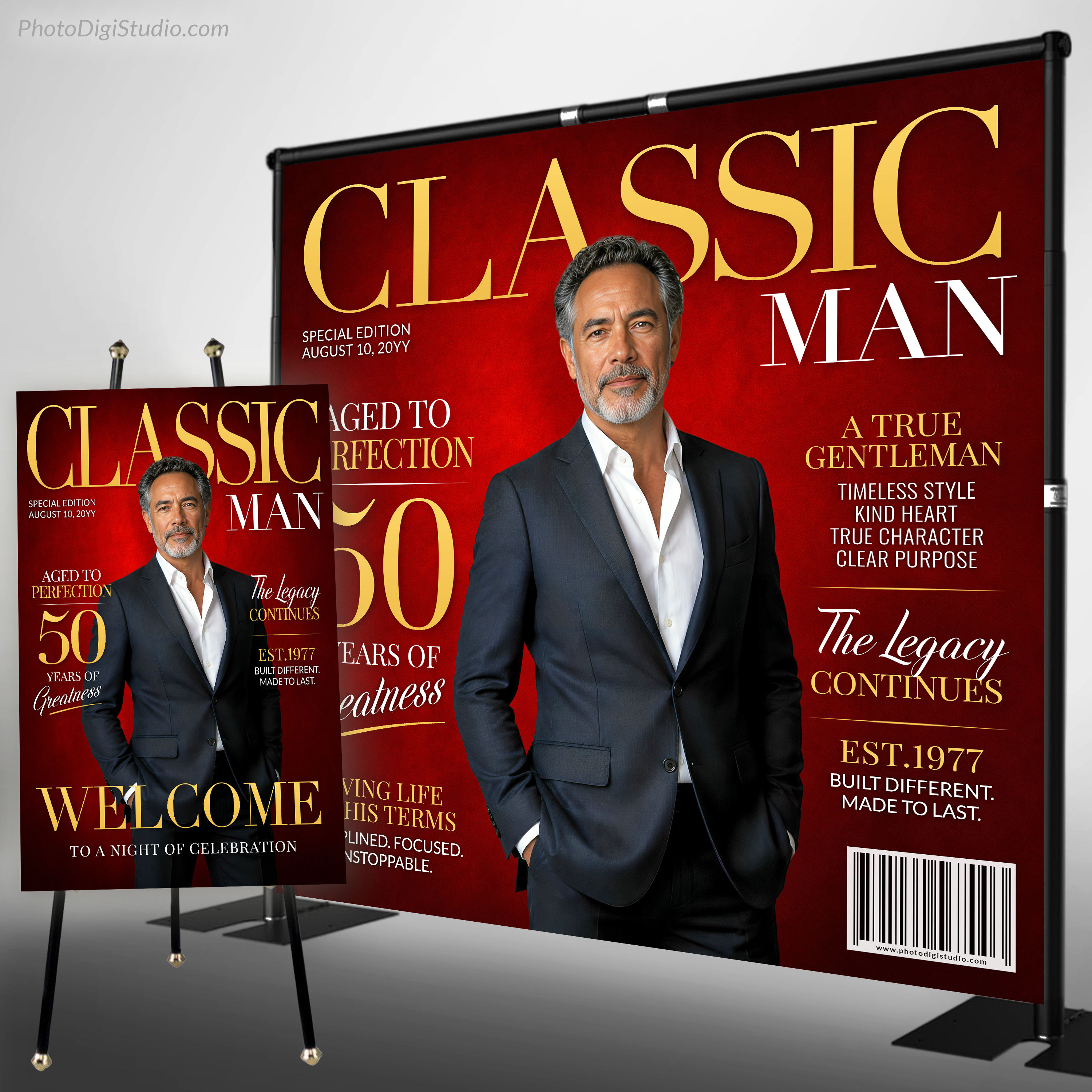 Classic Man Backdrop, Custom Birthday Magazine Backdrop Classic Man Welcome Sign