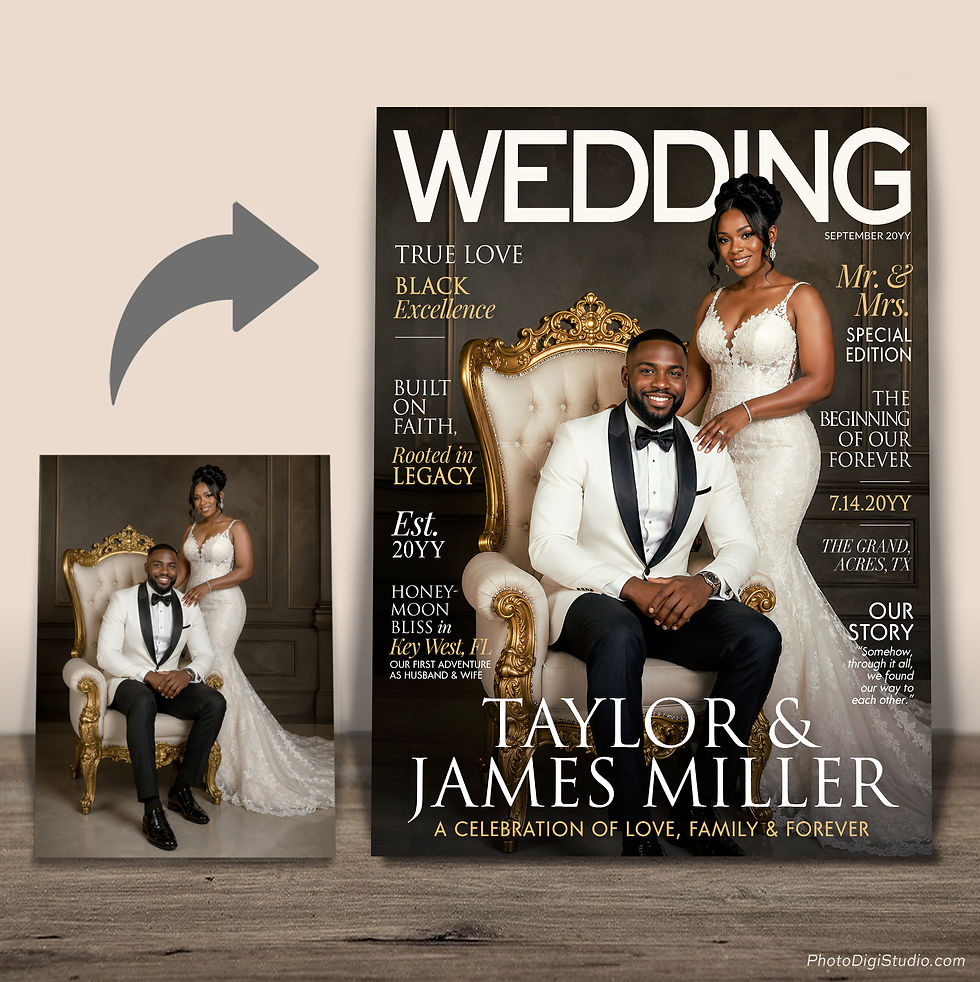 Thumbnail: Before and after personalized wedding magazine cover, customer photo transformed into a custom couple wedding magazine design
