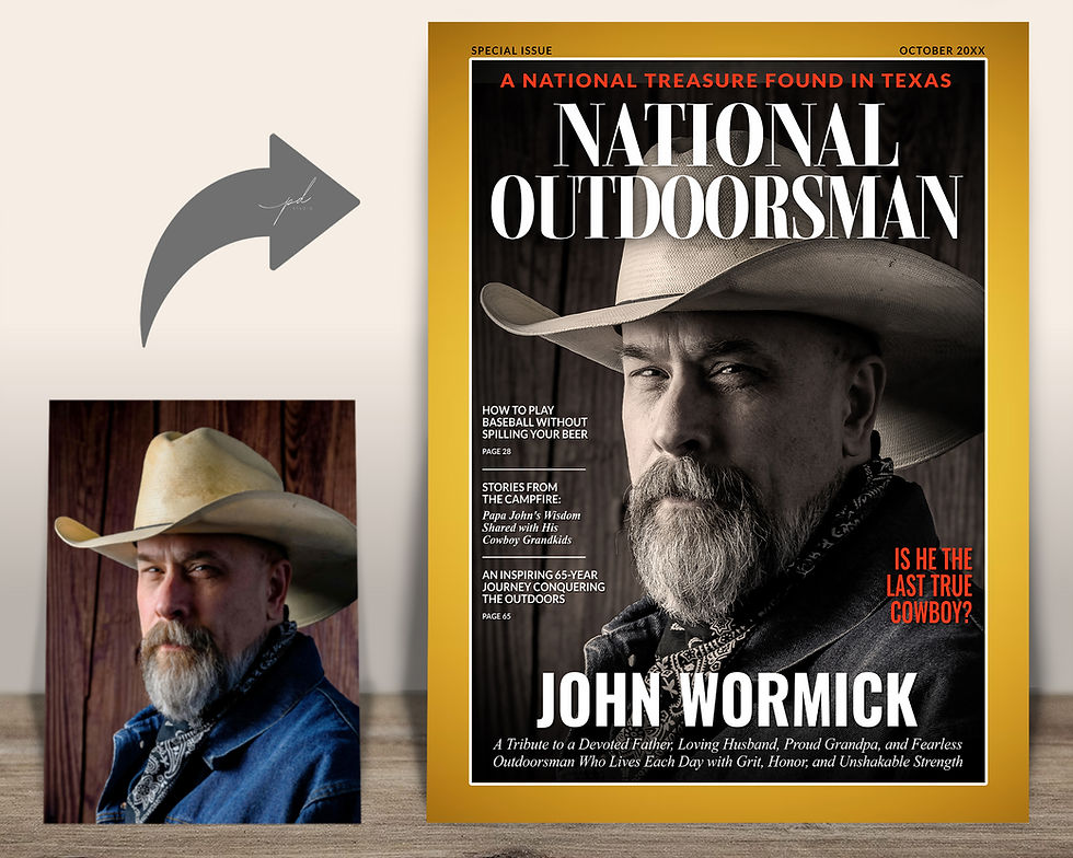 Thumbnail: Before and after preview showing outdoor portrait transformed into custom adventure magazine cover