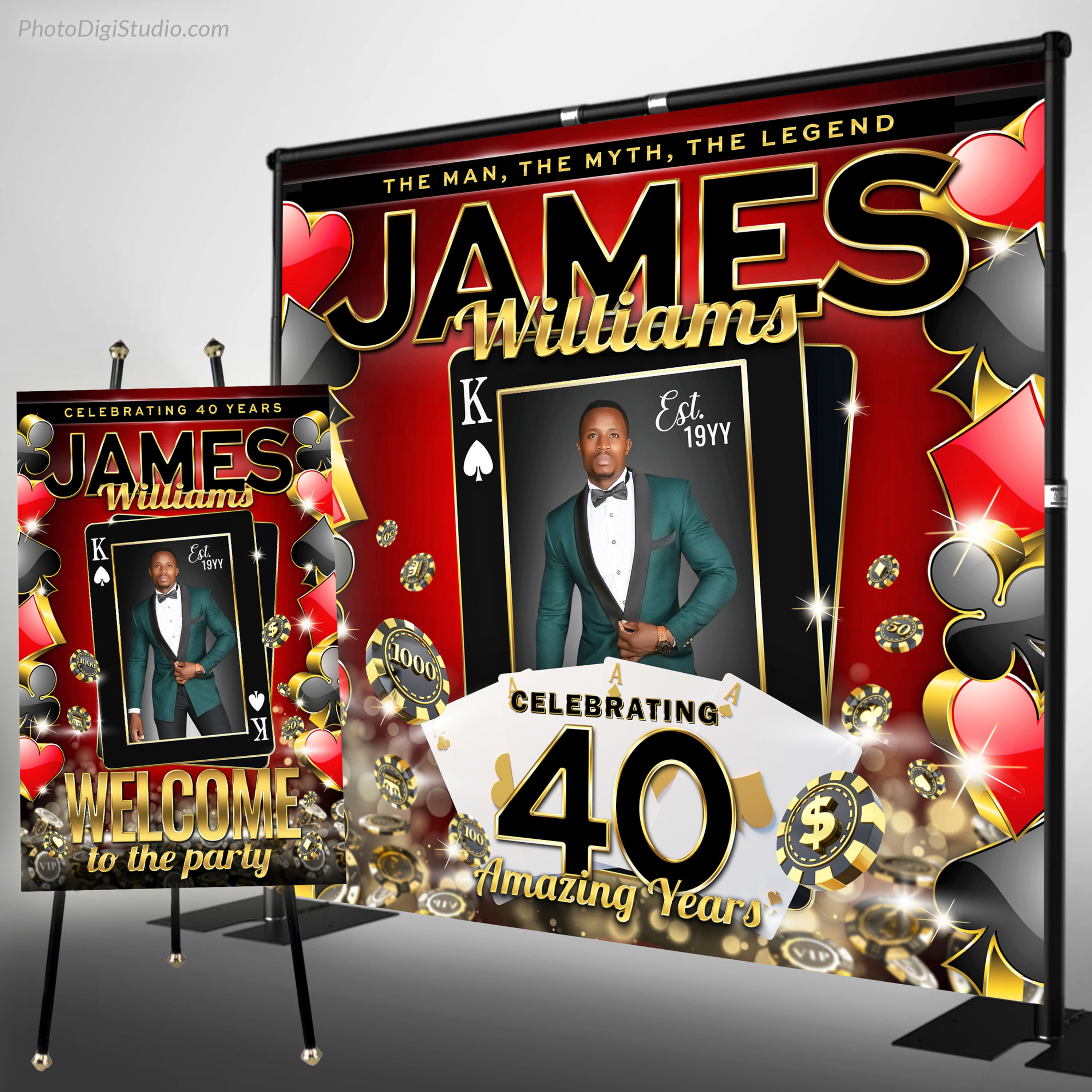 Custom Casino Backdrop, red gold black birthday welcome sign displayed in an elegant party setup with balloons and luxury