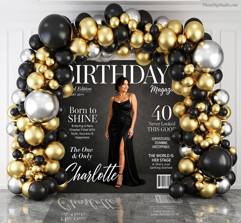 Thumbnail: Luxury magazine-style birthday backdrop displayed with balloon arch for party decor