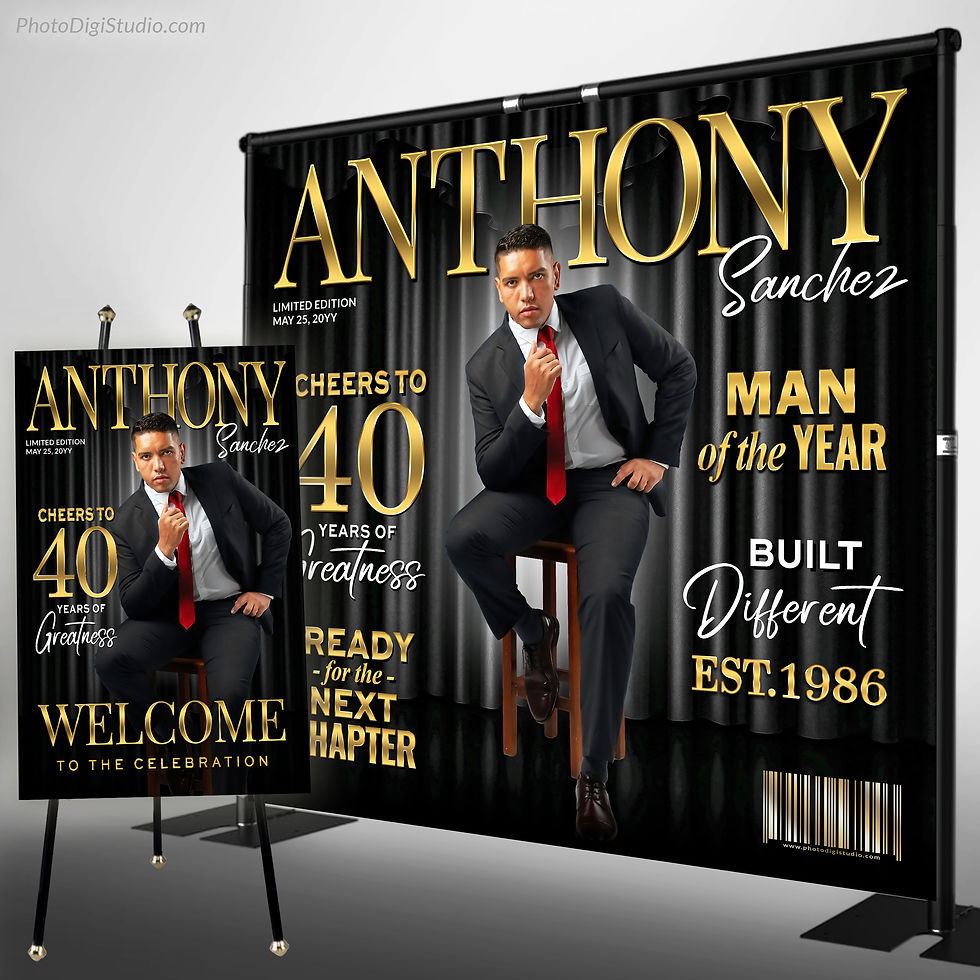 Custom Photo Backdrop for Men, Black Gold Magazine Banner, Birthday Welcome Sign