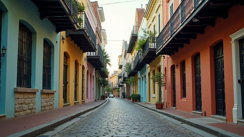 Eye-level view of a historic Charleston street with cobblestone pavement and colorful buildings