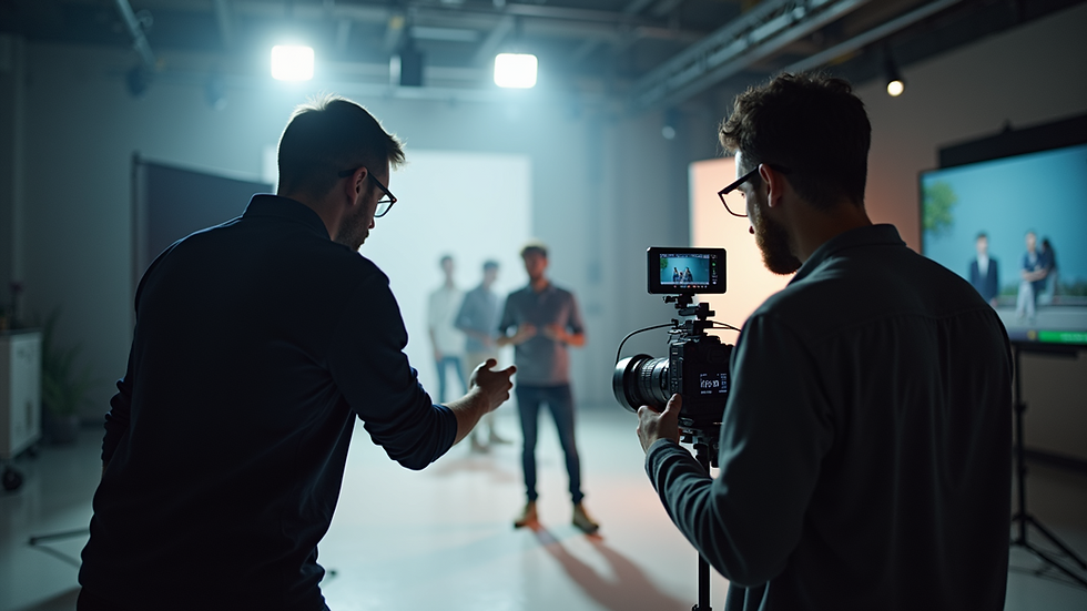 Eye-level view of a professional filming a product demonstration in a modern studio