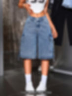 Women Wide Workwear Denim Short with Pockets Spring/Summer Casual Short