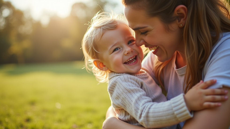 Close-up view of a mother and child sharing a joyful moment outdoors