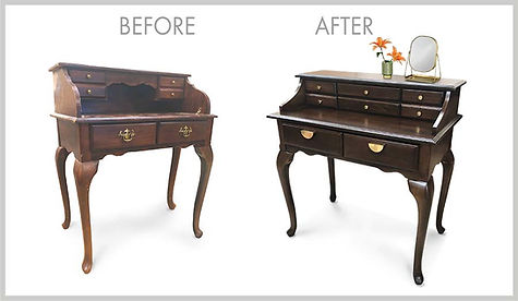 Old secretary desk in brown finish on the left, on the right the same desk transformed into a makeup vanity in espresso color, modern golden pulls and knobs, orange flowers on the top next to a small makeup mirror. Before and after on top.