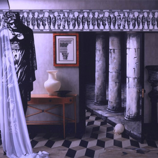 pillars painted on a wall with an existing door
