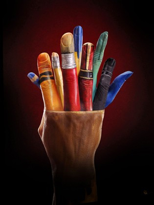 pencil pot painted on hands for Ecclesiastical ad
