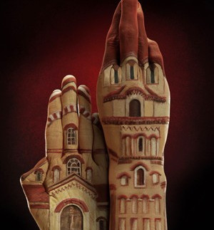 church painted on hands for Ecclesiastical ad