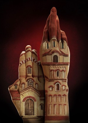 church painted on hands for Ecclesiastical ad