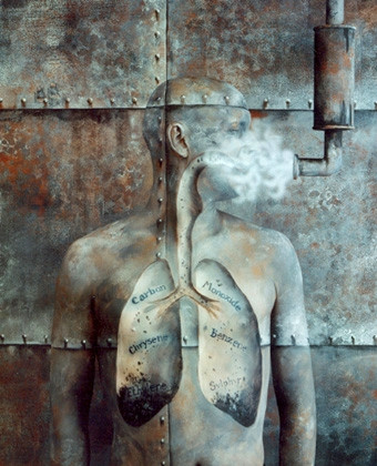 award-winning anti-smoking ad for ICI with painted background, body painting and 'smoke' effect on glass
